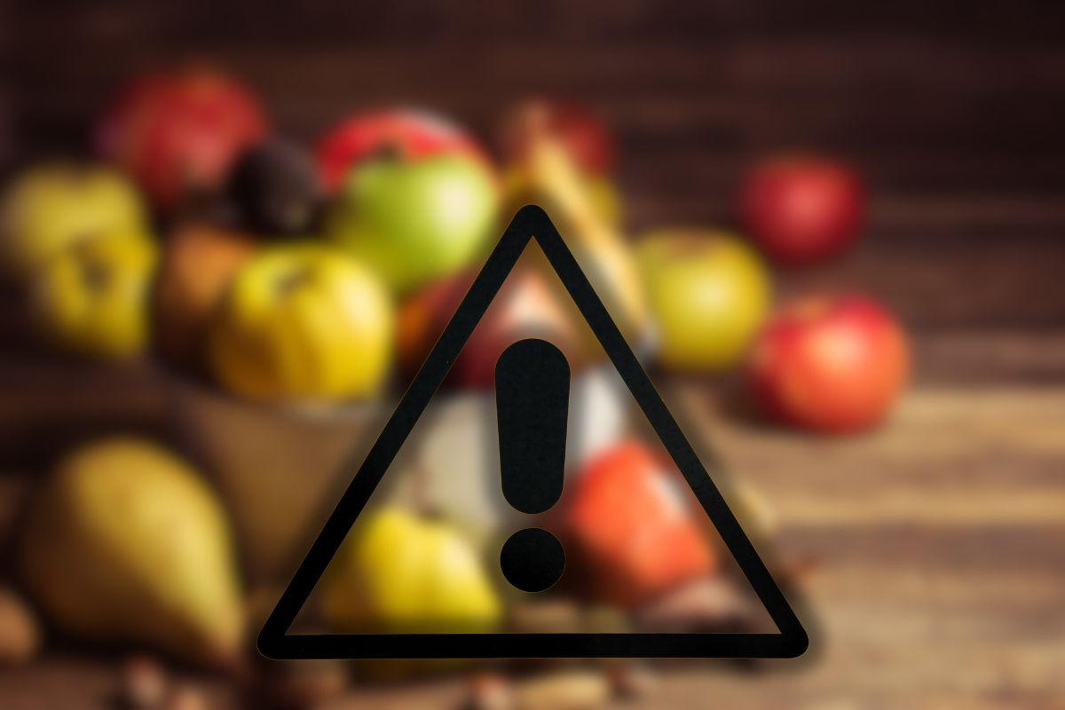 frutti autunnali sullo sfondo e segnale di pericolo in primo piano